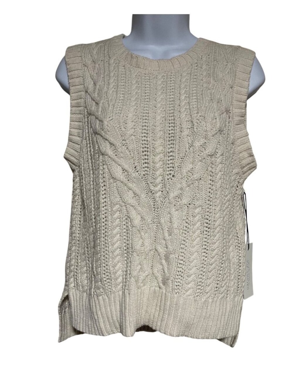 Rachel Zoe Womens Cable Knit Sleeveless Sweater Vest Size S Beige High Low Hem